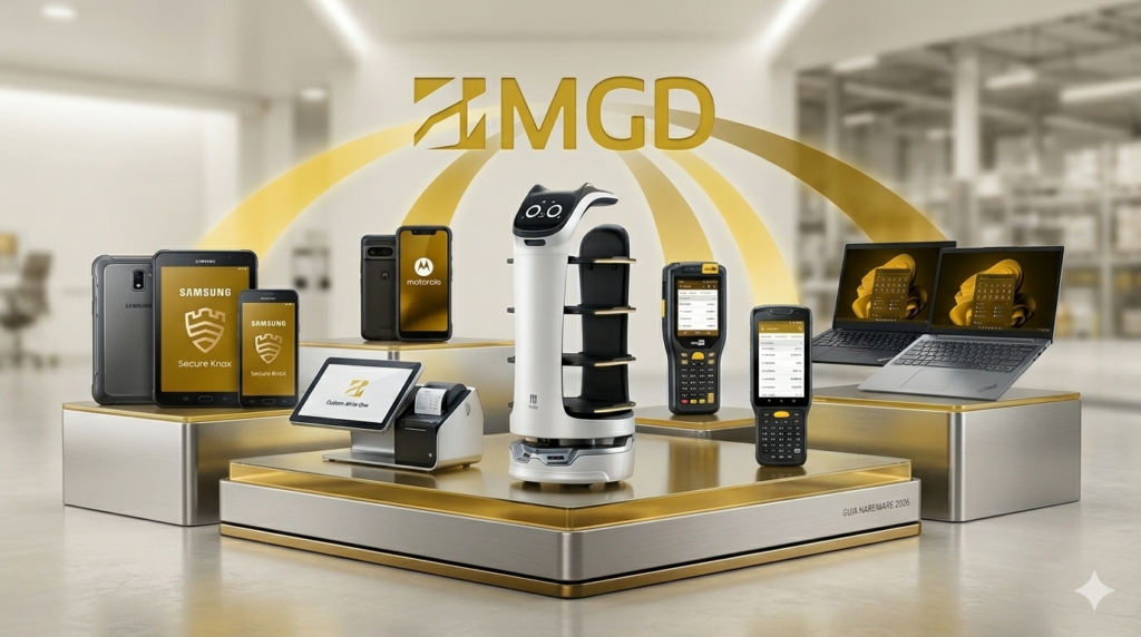 Ecosistema de hardware corporativo B2B gold da MGD Distribuição em 2026, com Pudu Robotics, Samsung Knox, Custom PDV e Lenovo.